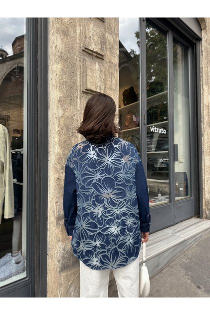 Women's Denim Shirt Jacket with Special Design on the Front and Back