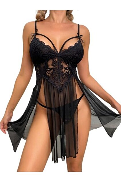 Babydoll Nightgown - Lace & Mesh, Multicolor, One Size (Model 422)