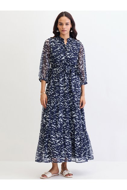 Navy All Over Print Tiered Maxi Dress