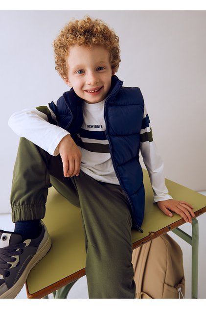4-10 Years Old Boy's Set | White T-Shirt, Navy Blue Puffer Vest, Green Sweatpants
