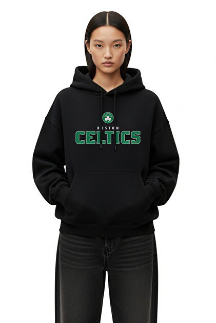 Celtics Oversize Siyah Kapüşonlu Sweatshirt