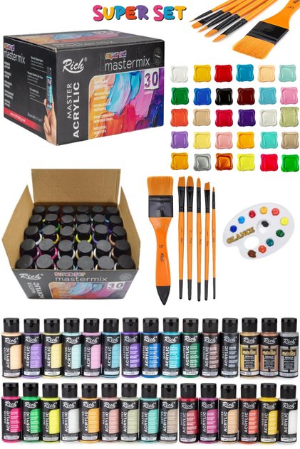 Rich Mastermix 30x60ml Supermix Akrilik Boya Seti Rich Karma Zemin Fırçalı Seti 6'lı Palet Set
