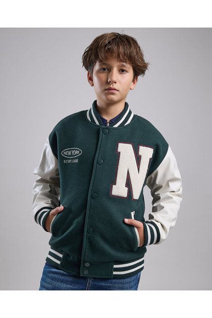 Appliqued Varsity Jacket with Button Closure