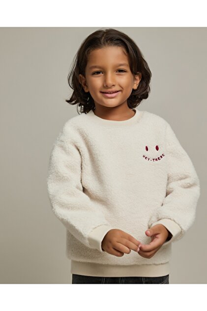 Embroidered Sherpa Sweatshirt with Crew Neck and Long Sleeves