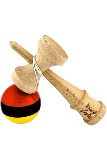 Kendama Original X, din lemn, minge cu înveliș SUPER ADEZIV, 18 cm, roșu-negru-galben