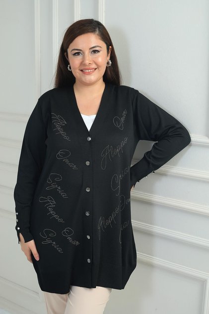 Women's Sleeves Button Detailed Stone Print Lettering Plus Size Long Cardigan