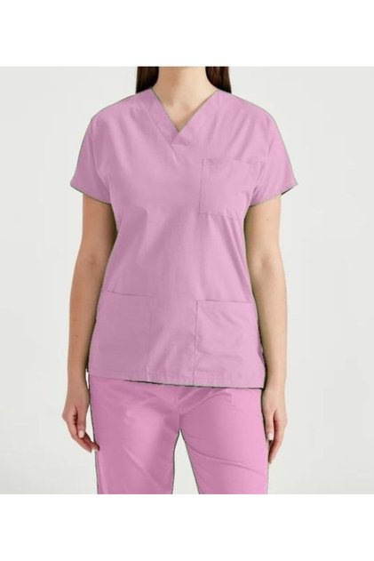 PEMBE DOKTOR ÜNİFORMA ZARF YAKA SCRUBS TAKIM YARASA KOL HEMŞİRE GİYİM PAMUKLU KUMAŞ