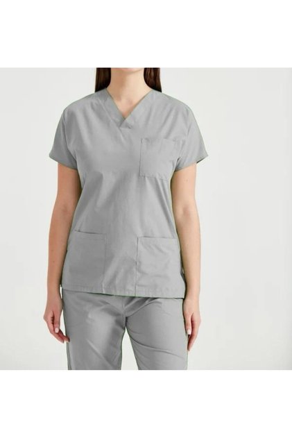 GRİ FÜME DOKTOR KADIN ÜNİFORMA ZARF YAKA SCRUBS TAKIM YARASA KOL HEMŞİRE GİYİM PAMUKLU KUMAŞ