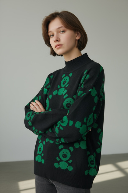 Teddy Bear-Themed Half-High-Neck Patterned Knit Sweater - Comfortable Modern Fit