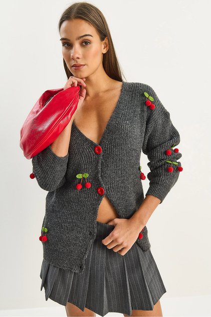 Women's Anthracite V-Neck Knitwear Cardigan with Cherry Accessories 60283662