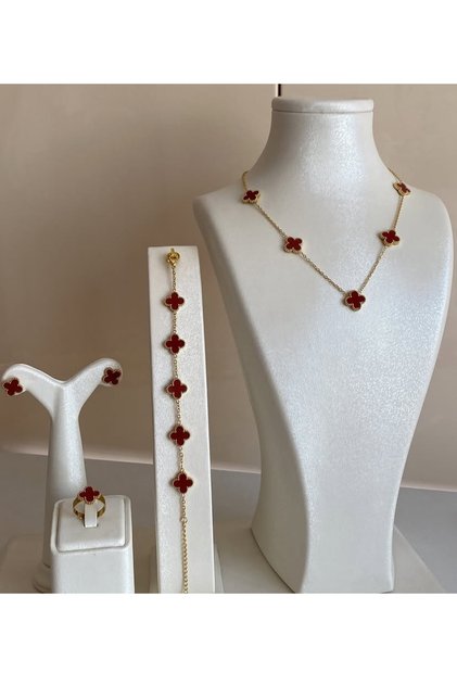 Van Cleef Four Piece Set Necklace Bracelet Earrings Ring Burgundy Jewelry Set