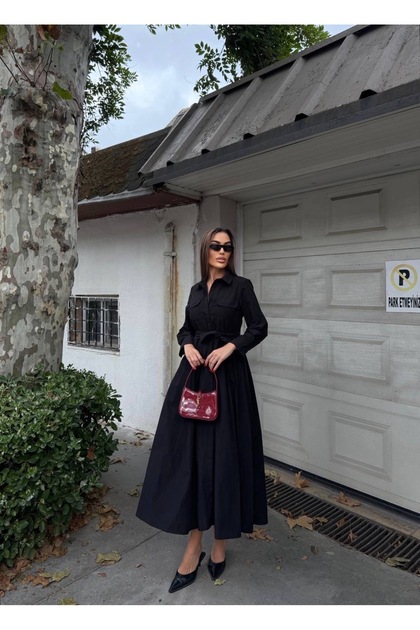 Black Poplin Long Belted Shirt Dress