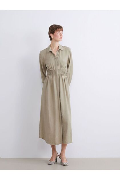 Lcwaikiki Classic Plus Size Textured Waist-Tied Shirt Dress