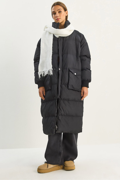 Women's Black Hidden Hooded Pocket Detailed Long Lined Inflatable Coat 4044 60283683