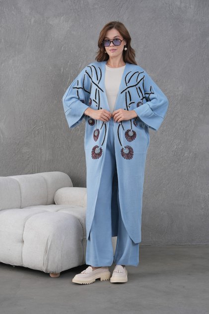 Women's Front Beaded Wide-Fit Knitwear Cardigan and Pants Bottom-Top Set