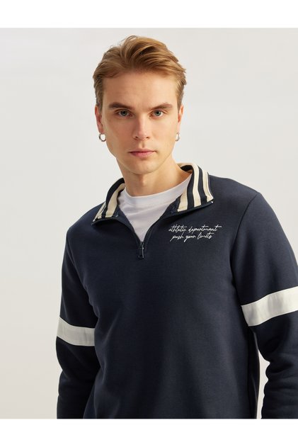 Half-Zip Collar Sweatshirt with Slogan Embroidery, Raised Cotton Blend