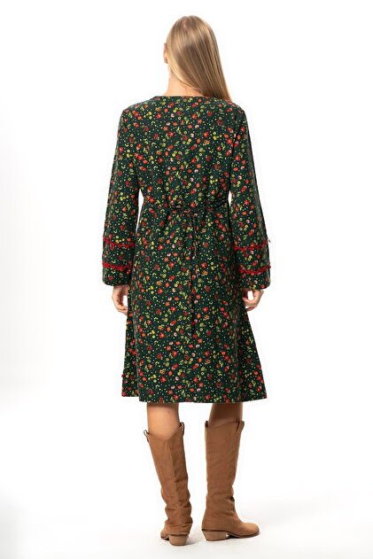 Eli ile Bezi Long Sleeve Firdevs Square Neck Pocket Detail Short Winter  Flannel Dress Floral Pattern Green Ysl- Trendyol