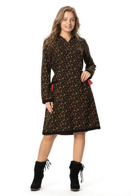 Long Sleeve Zuhal Flannel Midi Length Autumn and Winter Dress Daisy Pattern Black Syh