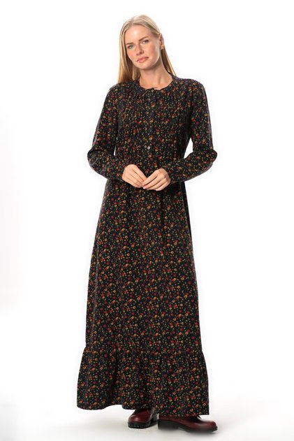 Long Sleeve Suede Flannel Buttoned Daisy Pattern Autumn and Winter Long Dress Navy Blue Lcvt