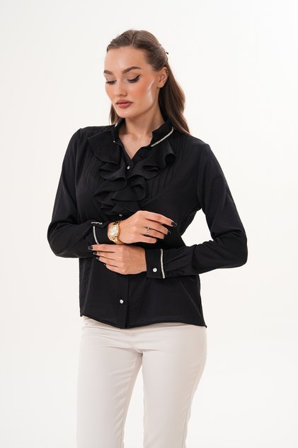 Plus Size Robe Ribbed Flounce Crystal Stone Stripe Crepe Shirt