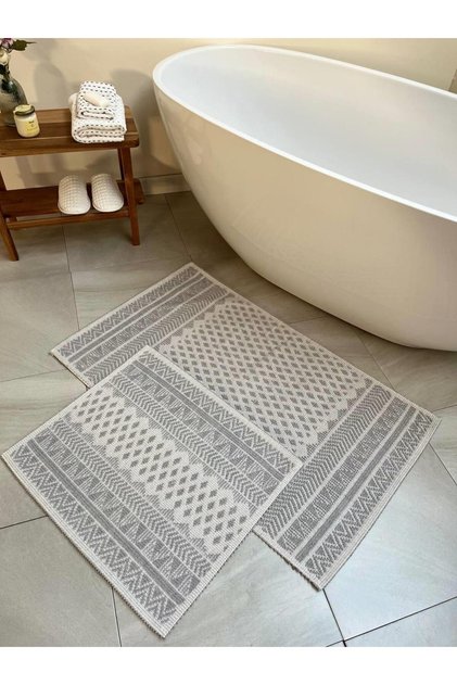 Tapis Bukle Doğal Pamuklu 2'li Banyo Paspas & Halı Seti 60X100+50X60 CM - GRİ