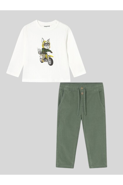 Motorcu Long Sleeve Sweat Inside-Lined Velvet Pants Suit (for Ages 01-04) - Green