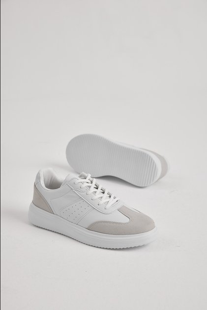 Men's White Gray Thick Faylon Light Sole Lace-Up Sports Shoes