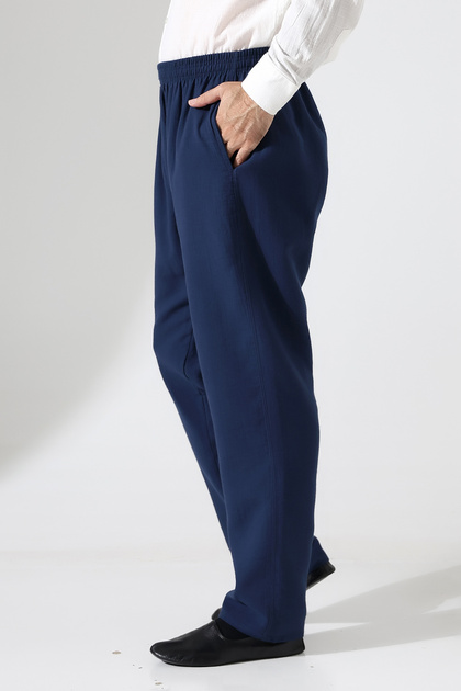 Men's Elastic Waist Pocket Hajj Umrah Muslin Pants - Navy Blue (Ans)