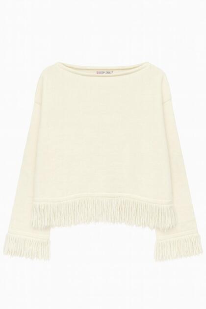 6981 Women's Tassel Detailed Boat Neck Knit Sweater Natural