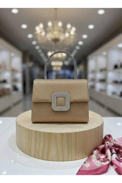Gold Color Stone Buckle Detail Hand and Shoulder Evening Bag