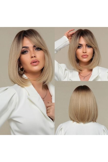 Περούκα καρέ OMBRE BLONDE, από συνθετικές ίνες με look, μεσαίου μήκους κυματιστά μαλλιά, με αφέλειες, 36 εκ.