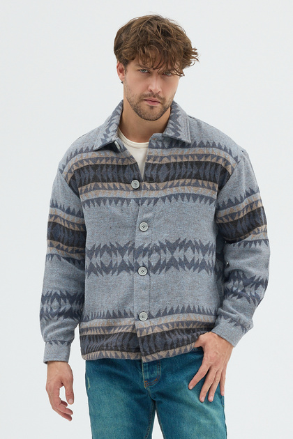 Erkek Oversize Kalın Kışlık Etnik Kilim Desenli Ceket Gömlek Overshirt