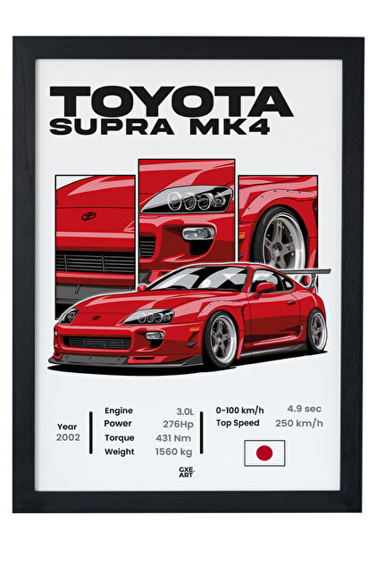 gxe.art Toyota Supra MK4 Ahşap Çerçeveli Poster – Otomobil Tasarım