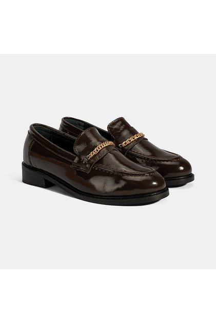 Women's Brown Leather Loafer with Chain Accessories