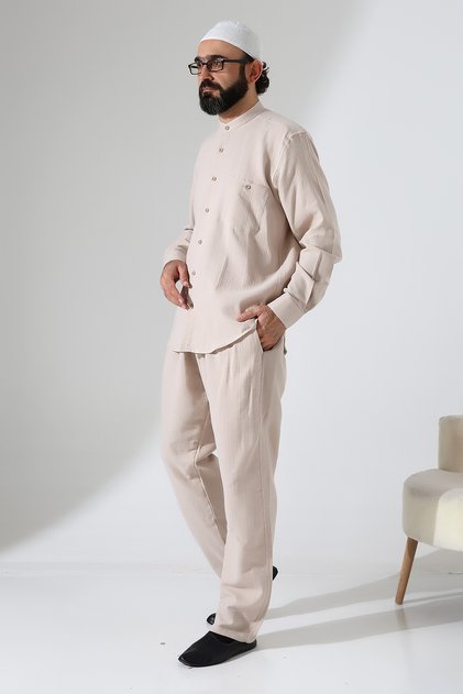Men's Muslin Hakim Collar Shirt with Pockets and Pants Two-Piece Set, Hajj Umrah Outfit - Beige (Ans)