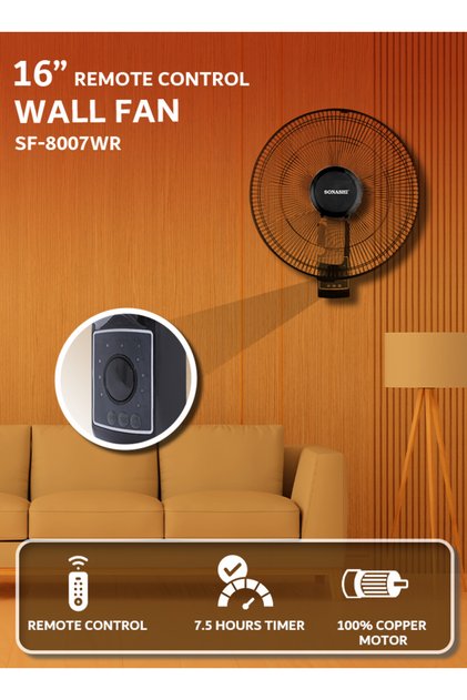 مروحة حائط SF-8007WR مقاس 16 بوصة - 3 سرعات | جهاز تحكم عن بعد 60 واط، لون أسود