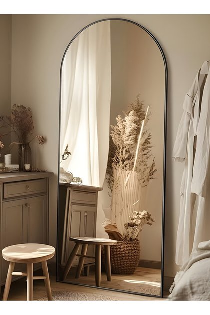Large Mirror With Elegant Design150x50cm-full Length Mirror With Black Metal Frame And Back Stand
