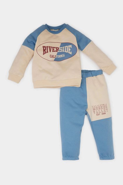 E0324 Blue Baby Boy 2-Piece Set Crew Neck Printed Sweatshirt Elastic Waist Sweatpants