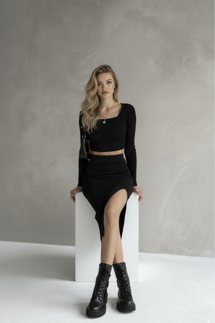 2-Piece Set - Square Neck Long Sleeve Cropped Top, Slit Skirt Set