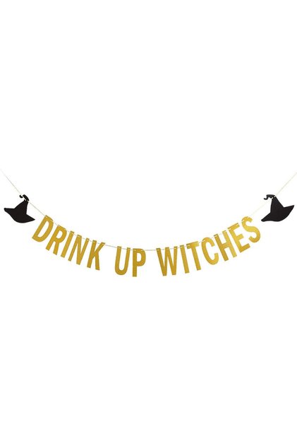 Banner auriu Drink up Witches, 15 x 5.9 cm, carton, auriu, negru