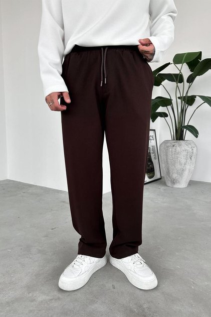 بنطلون فضفاض من الجبردين بخصر مطاطي بني اللون