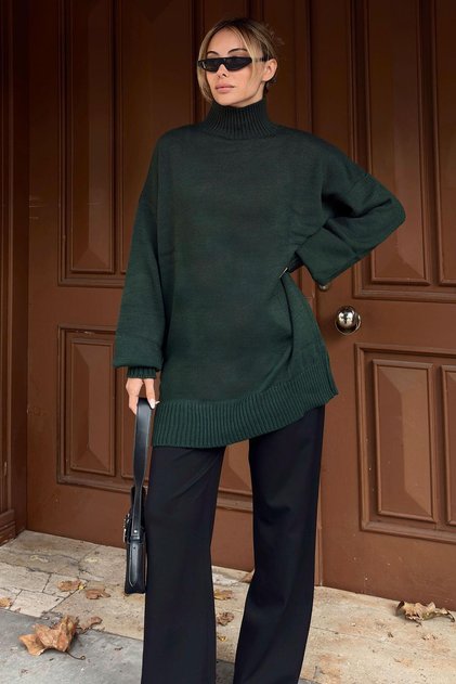 Half Fisherman Women's Knitwear Sweater with Green Cuff Detail