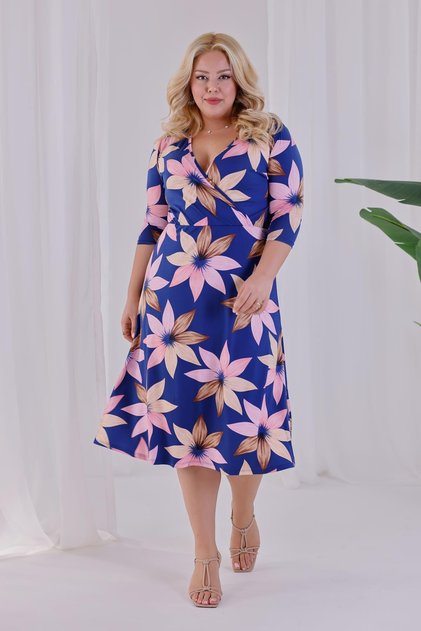 Women's Navy Blue Lotus Pattern Double Breasted Collar Elastic Waist Plus Size Dress
