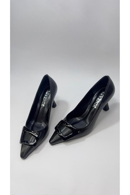 Women's Black Patent Leather Wide Buckle Pointed Toe Thin Heeled Classic Shoes Stylish Elegant Style