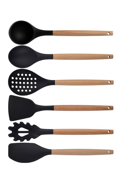 Black Bamboo Silicone - Ladle, Spoon, Colander, Pasta Strainer, Angled - Flat Spatula Set of 6