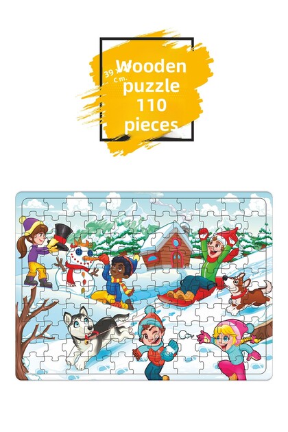 Cute Kids Playing in the Snow, Snowman, Snow, Sled Wooden Puzzle Jigsaw 110 Pieces