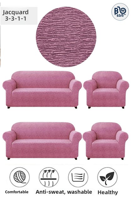 Pink Jacquard Quality Seat Cover - 3 3 1 1 Set, Flexible & Washable Sofa Bed Couch Cover
