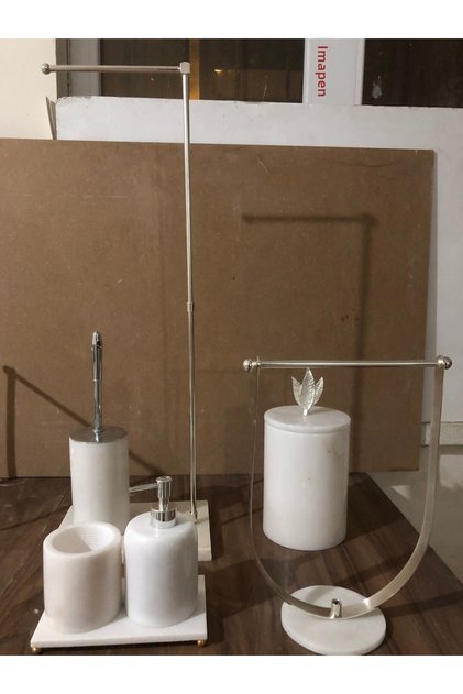 White Marble Set of 3 + Dustbin + Wc Brush Holder and Napkin Holder + U Towel Holder