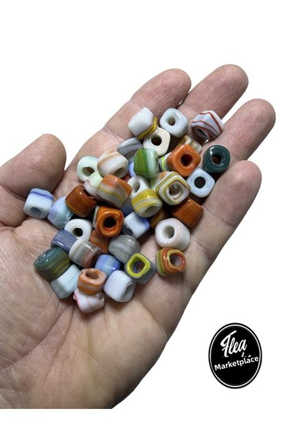 Handmade Special Marbled Square Glass Beads - 8 Pieces -