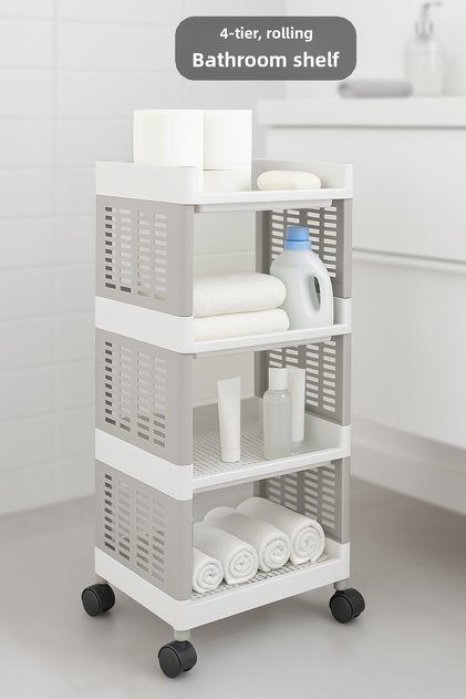 4-Tier Rolling Bathroom Shelf - Towel Rack Detergent Holder Makeup Organizer Rack Unit Gray